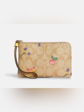 Coach C8722 Signature Dreamy Veggie Corner Zip Wristlet Light Khaki Yellow Multi